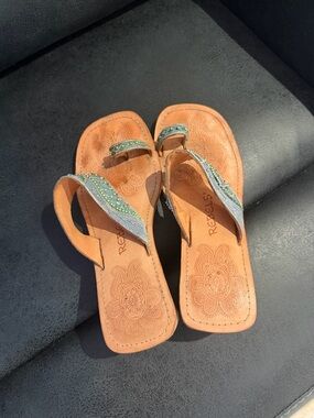 rebels Tan Sandal Flip-Flops with Green Beaded Straps